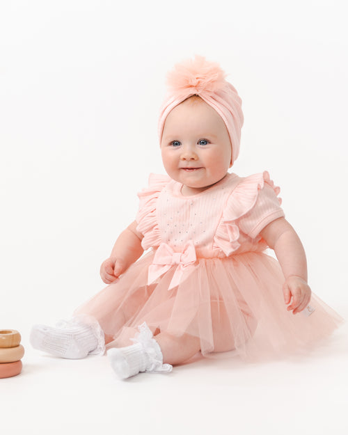 Caramelo Ribbed Tulle Baby Dress & Turban