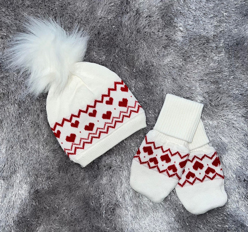 Caramelo Fairisle Heart Knit Mittens & Hat
