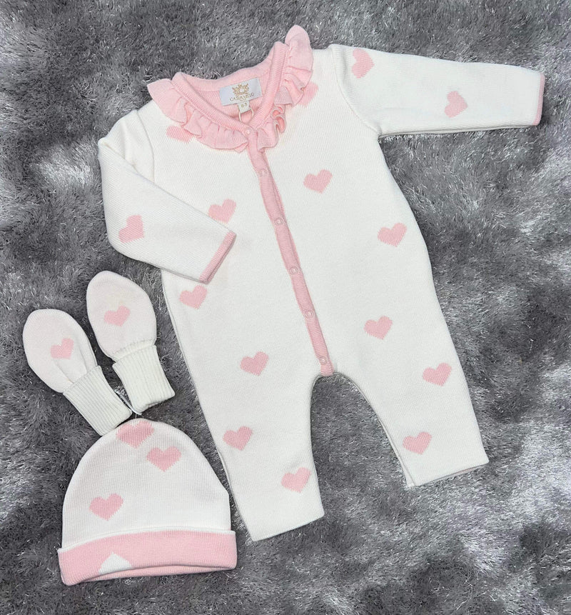 Caramelo Knitted Heart Frill Romper With Hat & Mittens