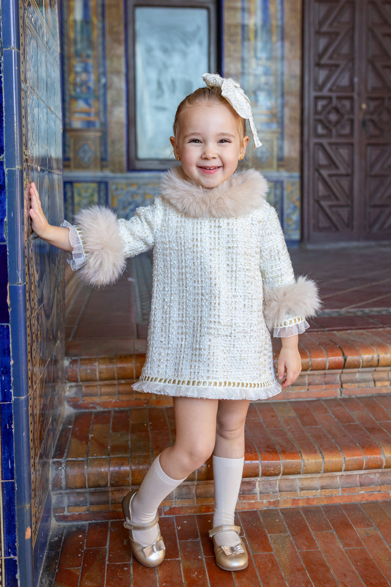 Naxos AW24 Girls Cream Tweed Fur Dress