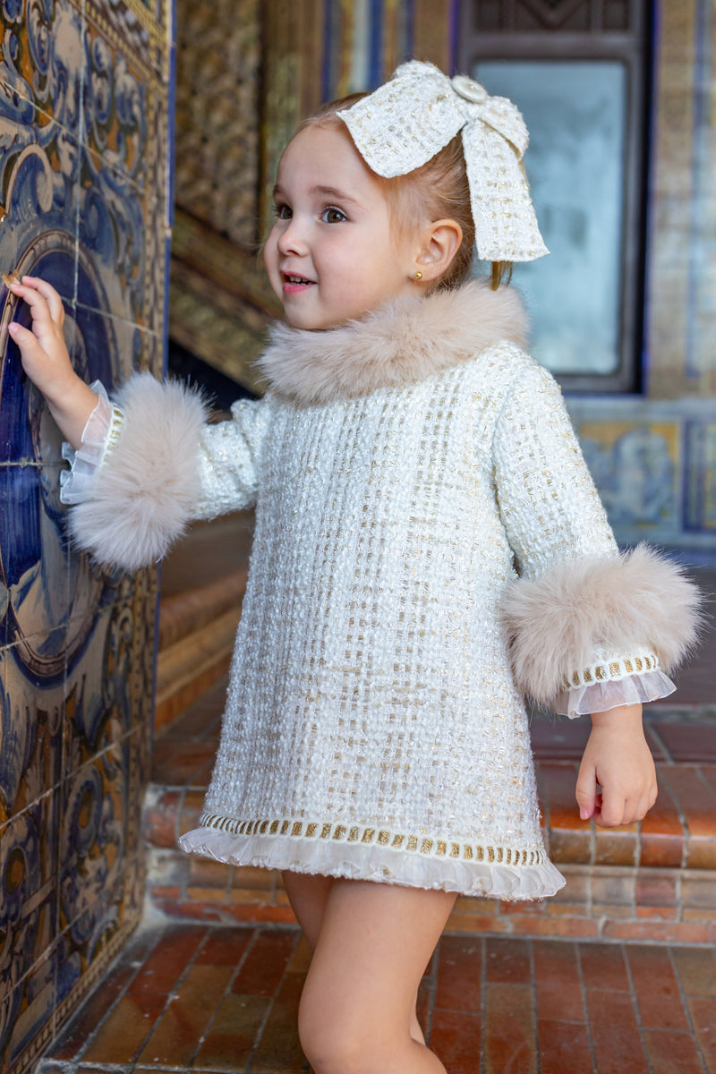 Naxos AW24 Girls Cream Tweed Fur Dress