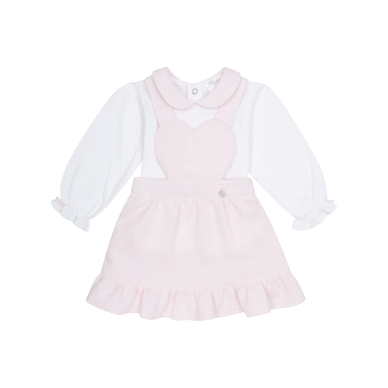 Pink deolinda hearts and stars dbi25714 dress with white long-sleeve shirt on a white background