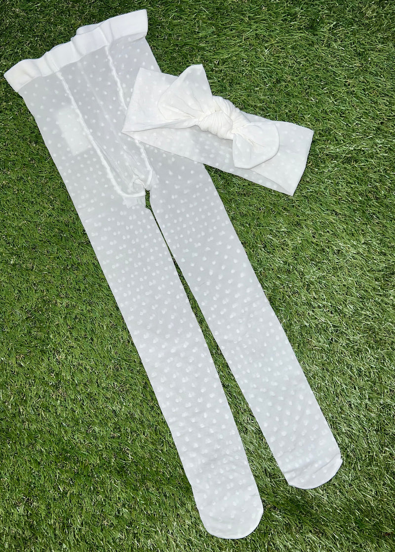 Mayoral White Summer Tights with Matching Bow Head Band