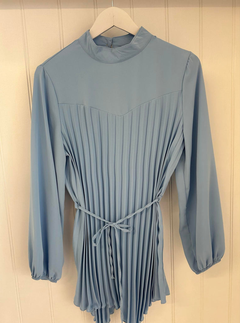 Lucy Blue Long Sleeve Pleated Dress