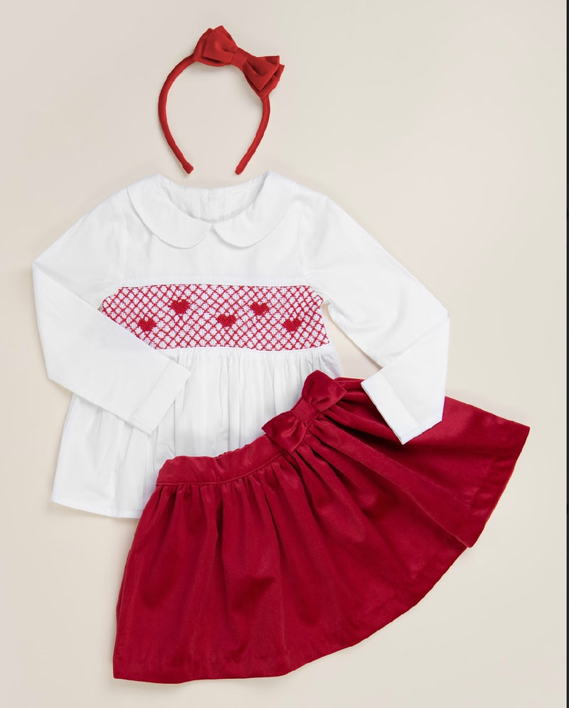 Caramelo Smocked Heart Velour Skirt Set With Bow Hairclip