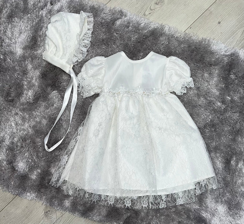 White Kinder Lace Christening Dress & Bonnet *